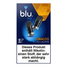 Packung blu 2.0 Liquid Pods Tobacco 9mg/ml. Oker-blaue Packung mit zwei Liquid Pods in schwarz und weißer blu Aufschrift.