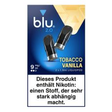 Packung blu 2.0 Liquid Pods Tobacco Vanilla 9mg/ml. Blau-beige Packung mit zwei Liquid Pods in schwarz und weißer blu Aufschrift.