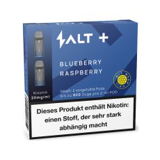 Packung Salt Plus Liquid Pods Blueberry Raspberry. Blaue gemusterte Packung mit weißer Salt Aufschrift und graue Pods.