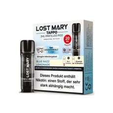 Lost Mary Tappo Liquid Pods Blue Razz Lemonade. Hellblau-weiße Packung mit großer Lost Mary Aufschrift und schwarzem Liquid Pod.