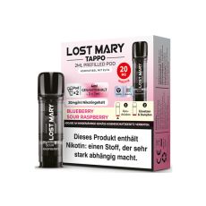 Lost Mary Tappo Liquid Pods Blueberry Sour Raspberry. Hellrosa-weiße Packung mit großer Lost Mary Aufschrift und schwarzem Liquid Pod.