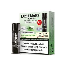 Lost Mary Tappo Liquid Pods Kiwi Passion Fruit Guava. Hellgrüne Packung mit großer Lost Mary Aufschrift und schwarzem Liquid Pod.