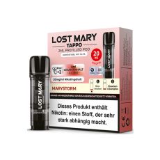 Lost Mary Tappo Liquid Pods Marystorm. Hellrote Packung mit großer Lost Mary Aufschrift und schwarzem Liquid Pod.