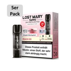 Lost Mary Tappo Liquid Pods Peach Ice. Rosa Packung mit grauem 5er Pack Bottom und schwarzem Liquid Pod.