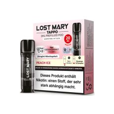 Lost Mary Tappo Liquid Pods Peach Ice. Rosa Packung mit großer Lost Mary Aufschrift und schwarzem Liquid Pod.