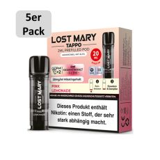 Lost Mary Tappo Liquid Pods Pink Lemonade. Hellrosa-pinke Packung mit grauem 5er Pack Bottom und schwarzem Liquid Pod.