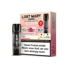 Lost Mary Tappo Liquid Pods Pink Lemonade. Hellrosa-pinke Packung mit großer Lost Mary Aufschrift und schwarzem Liquid Pod.