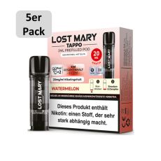 Lost Mary Tappo Liquid Pods Watermelon. Hellrosa Packung mit grauem 5er Pack Bottom und schwarzem Liquid Pod.