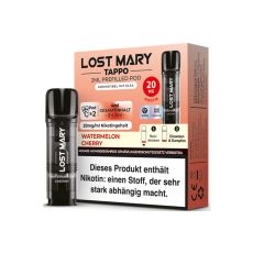 Lost Mary Tappo Liquid Pods Watermelon Cherry. Hellorange Packung mit großer Lost Mary Aufschrift und schwarzem Liquid Pod.