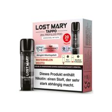 Lost Mary Tappo Liquid Pods Watermelon Mojito. Hellrosa Packung mit großer Lost Mary Aufschrift und schwarzem Liquid Pod.