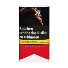 Pouch Tabak Marlboro Premium rot. Rot-weißes Päckchen mit Marlboro Logo und Warnhinweis.