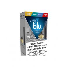 Packung myblu Starter Pack Intense Touch inklusiv 4 Pods Intense Touch 18mg E-Zigarette black/schwarz. Myblu Starter Kit Intense Touch mit E-Zigarette und 4 Stück Intense Touch Pods 18mg/ml.