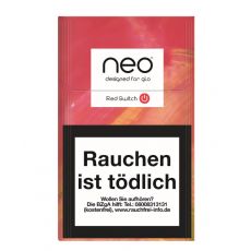 Packung Tabaksticks Red Switch. Rot-marmoriete Packung mit Neo und Glo Logo.