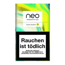 Packung Neo Sunny Switch Tabaksticks beige-gelb-türkis mamoriert.