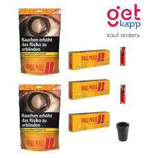 Sparset Tabak Pall Mall zwei orange Beutel mit Hülsen, Ascher und Feuerzeuge.