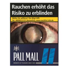 Schachtel Zigaretten Pall Mall blau XXL+. Dunkelblaue Packung mit hellblauen Streifen und weißem Pall Mall Logo.