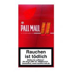 Schachtel Pall Mall Filterzigarillos Rot XL. Rote Packung mit braunem Pausezeichen und weißer Pall Mall Aufschrift.