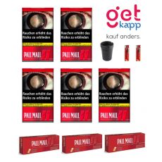 Sparset Angebot 5 x Pall Mall Rot/Red XL Dose 55g Volumentabak Ceka Can, 3 x Pall Mall Rot/Red 200 Xtra Filterhülsen, 2 x Feuerzeug Einweg, 1 x Autoaschenbecher