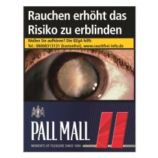 Schachtel Pall Mall Zigaretten rot XXL+. Blaue Packung mit rotem Pausezeichen und weißer Pall Mall Aufschrift.