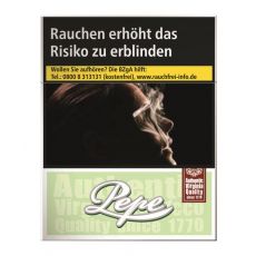 Schachtel Pepe Zigaretten Bright Green XL. Hell-grüne Packung mit weißem Pepe Logo und Warnhinweis.