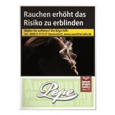 Schachtel Pepe Bright Green MP (ehemals Easy Green) mit einem Packungsinhalt von 29 Zigaretten, Pepe Bright Green MP Stange mit 8 Packungen.