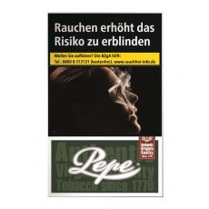 Schachtel Pepe Zigaretten Dark Green L. Dunkelgrüne Packung mit weißem Pepe Logo und Warnhinweis.
