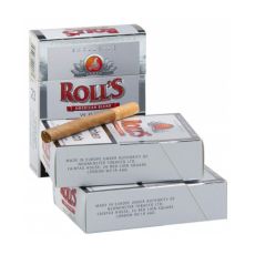 Packung Roll's Filterzigarillos White. Drei weisse Schachteln mit einem braunen Zigarillo.