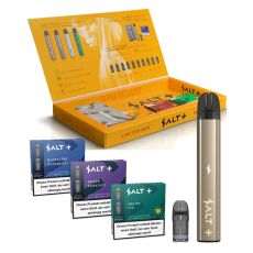 Orange Aktionsbox Salt Plus E-Zigarette mit Liquid Pods. Goldenes Gerät mit drei Packungen Liquid Pods in blau, lila und dunkelgrün.