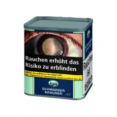 Dose Schwarzer Krauser No 1 Tabak. Mintgrün-blaue Dose mit weißer Schwarzer Krauser Aufschrift und Logo.
