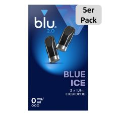 5er Pack blu 2.0 Liquid Pods Blue Ice 0mg/ml. Blaue Packung mit zwei Liquid Pods in schwarz und 5er Pack Buttom.