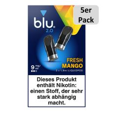 5er Pack blu 2.0 Liquid Pods Fresh Mango 9mg/ml. Blau-gelbe Packung mit zwei Liquid Pods in schwarz und 5er Pack Buttom.