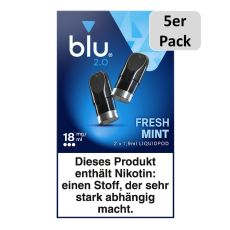 5er Pack blu 2.0 Liquid Pods Fresh Mint 18mg/ml. Hellblaue-blaue Packung mit zwei Liquid Pods in schwarz und 5er Pack Buttom.