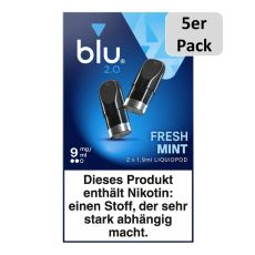 5er Pack blu 2.0 Liquid Pods Fresh Mint 9mg/ml. Hellblaue-blaue Packung mit zwei Liquid Pods in schwarz und 5er Pack Buttom.