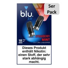 5er Pack blu 2.0 Liquid Pods Strawberry Mint 18mg/ml. Blau-rote Packung mit zwei Liquid Pods in schwarz und 5er Pack Buttom.