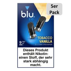 5er Pack blu 2.0 Liquid Pods Tobacco Vanilla 9mg/ml. Blaue Packung mit zwei Liquid Pods in schwarz und 5er Pack Buttom.