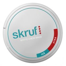 Dose Skruf Kautabak Ice Xtra White 20g mit 20 Stück Chew Bags. 20 Stück Nikotin Pouches Skruf Ice Xtra White in der 20g Kunststoffdose.
