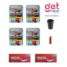 Sparset Tabak American Spirit Original Blau. Vier blaue Dosen mit Break Hülsen, Ascher und Feuerzeug.