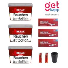 Sparset Break Tabak Original Rot 150g Big Box. Drei rote Eimer mit weißem Break Logo, Hülsen, Ascher und Feuerzeuge.