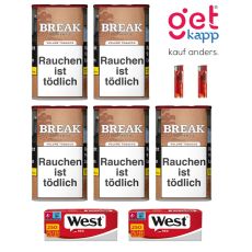 Sparset Break Tabak Authentic 65g Dose. Fünf hellbraune Dosen mit weißem Break Logo West Red 250 Extra Hülsen und Feuerzeuge.