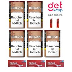 Sparset Break Tabak Authentic 65g Dose. Fünf hellbraune Dosen mit weißem Break Logo, Break Hülsen und Feuerzeuge.