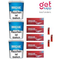 Sparset Break Tabak Blau Giga Box. Drei große blaue Eimer mit weißem Break Logo, Hülsen und Feuerzeuge.
