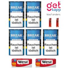 Sparset Break Tabak Blau Dose. Fünf blaue Dosen mit weißem Break Logo, Winston Extra Hülsen und Feuerzeuge.