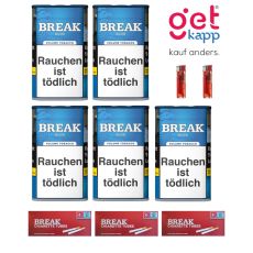 Sparset Break Tabak Blau Dose. Fünf blaue Dosen mit weißem Break Logo, Hülsen und Feuerzeuge.