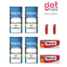 Sparset Break Tabak Blau 100g Dose. Vier blaue Dosen mit weißem Break Logo, Woinston Hülsen und Feuerzeuge.