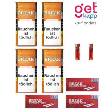 Sparset Break Tabak Orange Dose. Vier orange Dosen mit weißem Break Logo, Hülsen und Feuerzeuge.