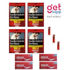 Sparset Break Tabak Original Rot Beutel. Vier rote Beutel mit weißem Break Logo, Hülsen und Feuerzeuge.