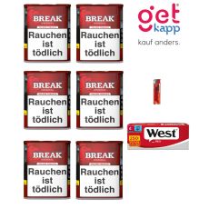 Sparset Break Tabak Original Rot Dose. Sechs rote Dosen mit weißem Break Logo, Winston Hülsen und Feuerzeug.