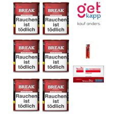 Sparset Break Tabak Original Rot Dose. Sechs rote Dosen mit weißem Break Logo, Winston Hülsen und Feuerzeug.