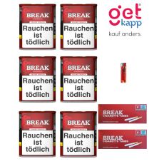 Sparset Break Tabak Original Rot Dose. Sechs rote Dosen mit weißem Break Logo, Hülsen und Feuerzeug.