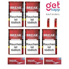 Sparset Break Tabak Original Rot Dose. Fünf rote Dosen mit weißem Break Logo, Hülsen und Feuerzeuge.